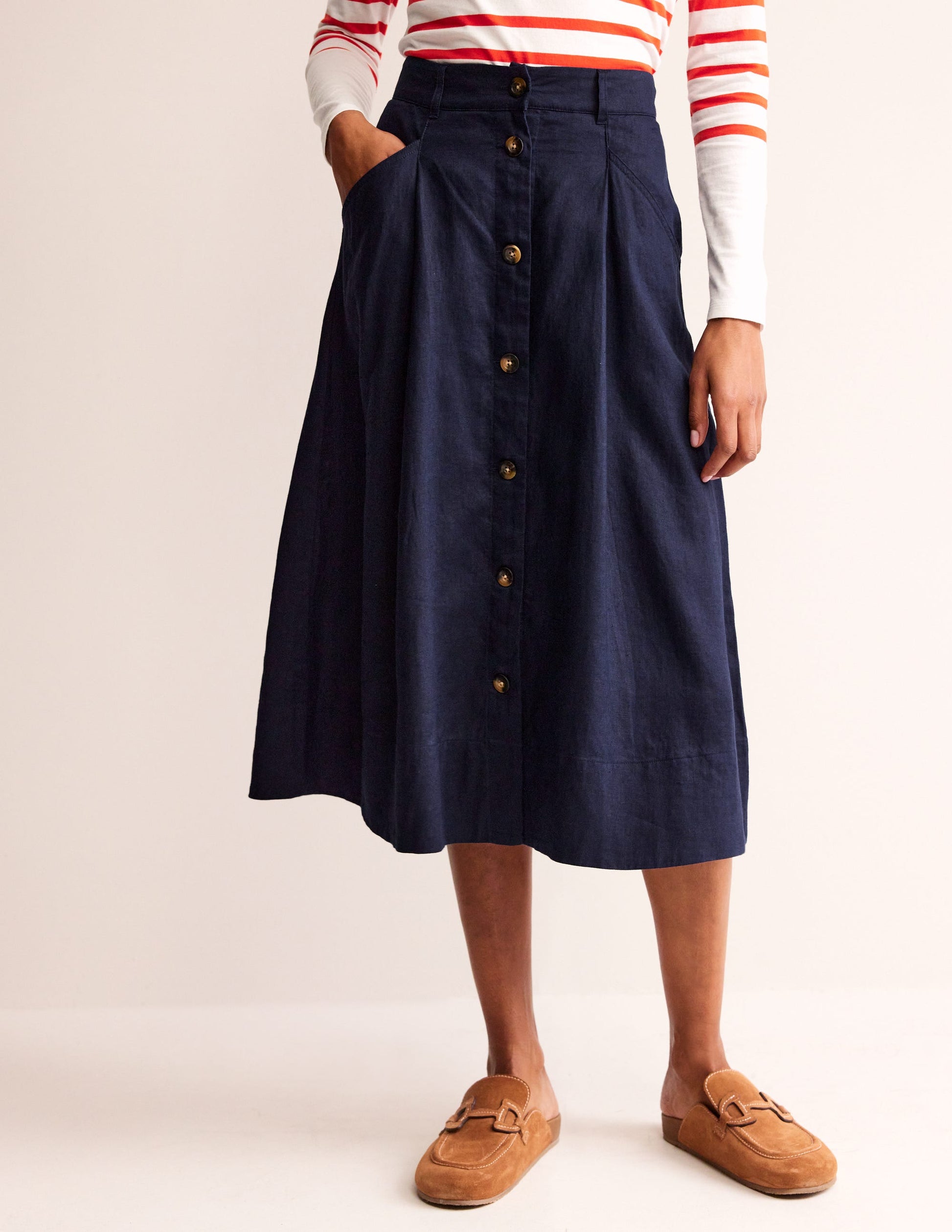 Petra Linen Midi Skirt-Navy-3