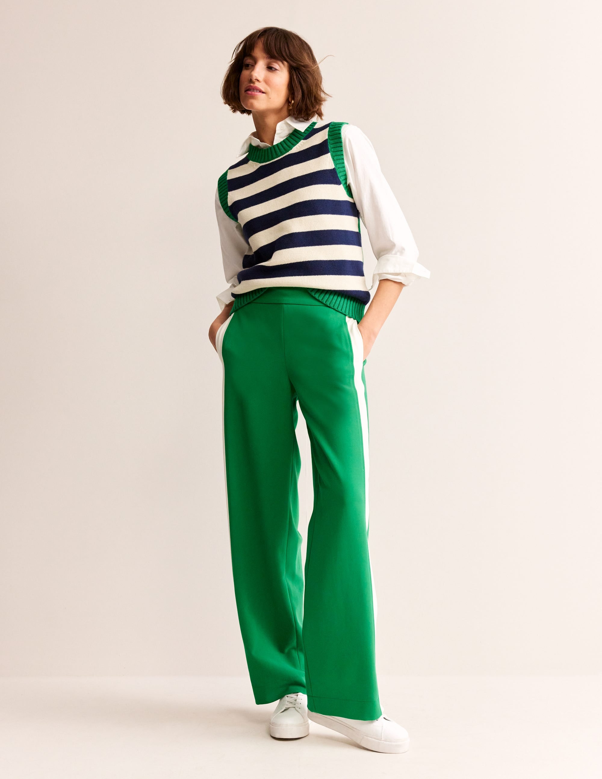 Pull On Side Stripe Trousers-Green Tambourine - Image 1
