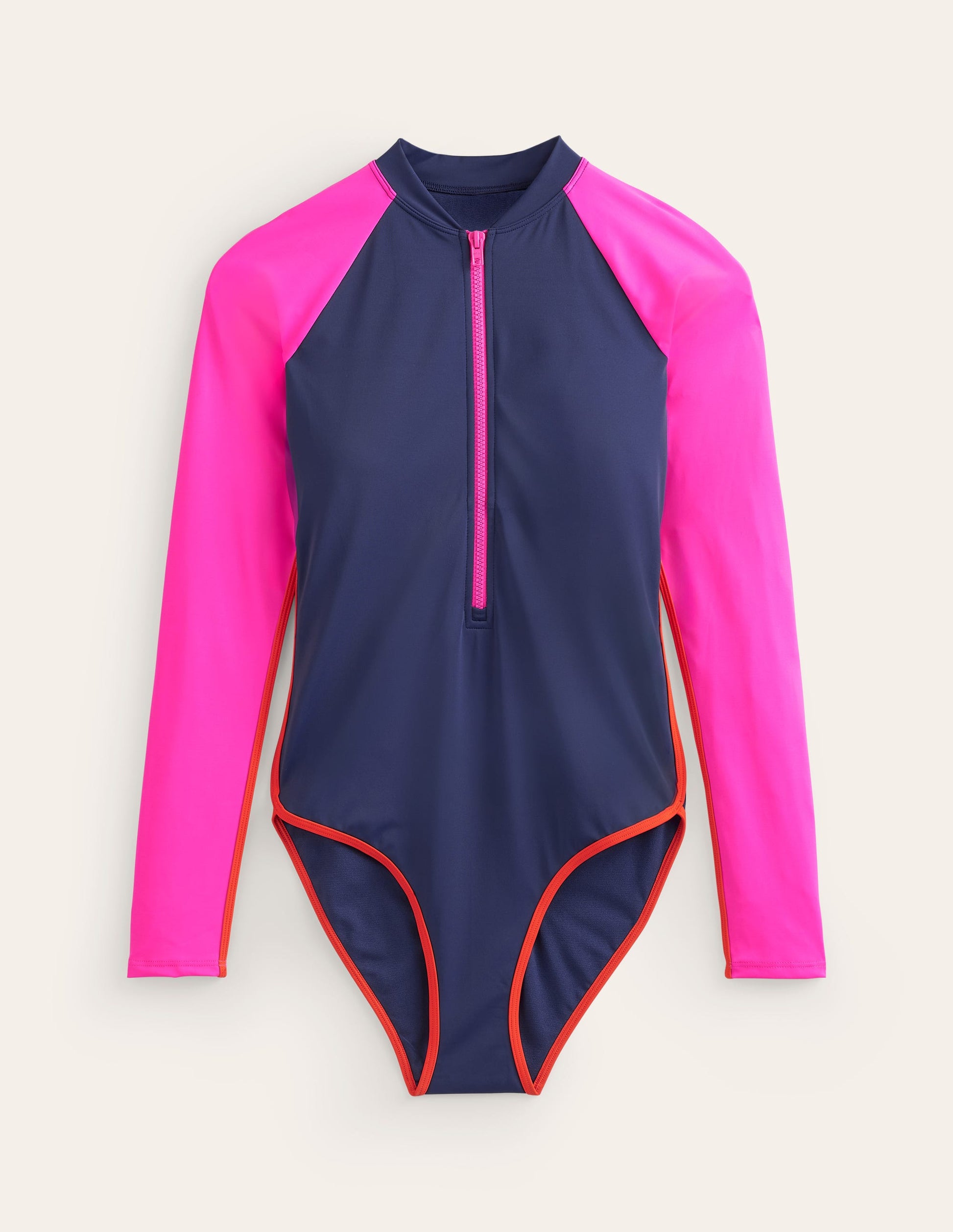 Piped Raglan Sleeve Swimsuit-Navy/ Super Pink Colourblock-5