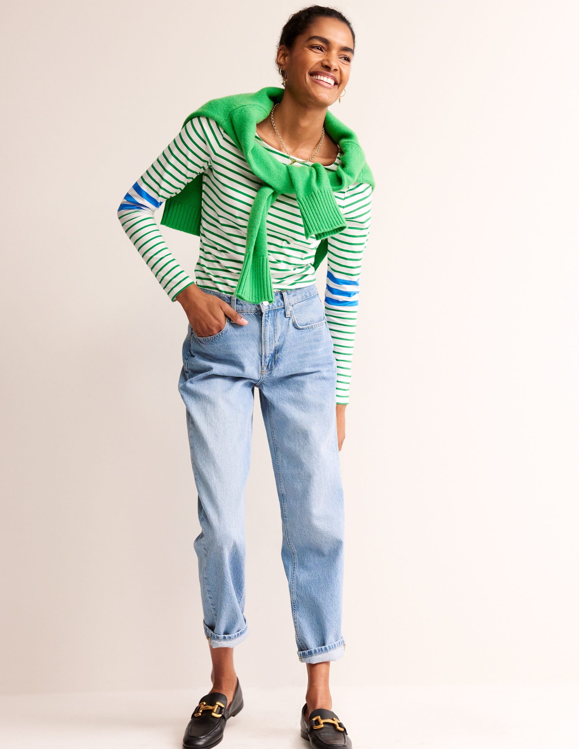 Ella Long Sleeve Breton-Green, Blue Stripe - Image 4