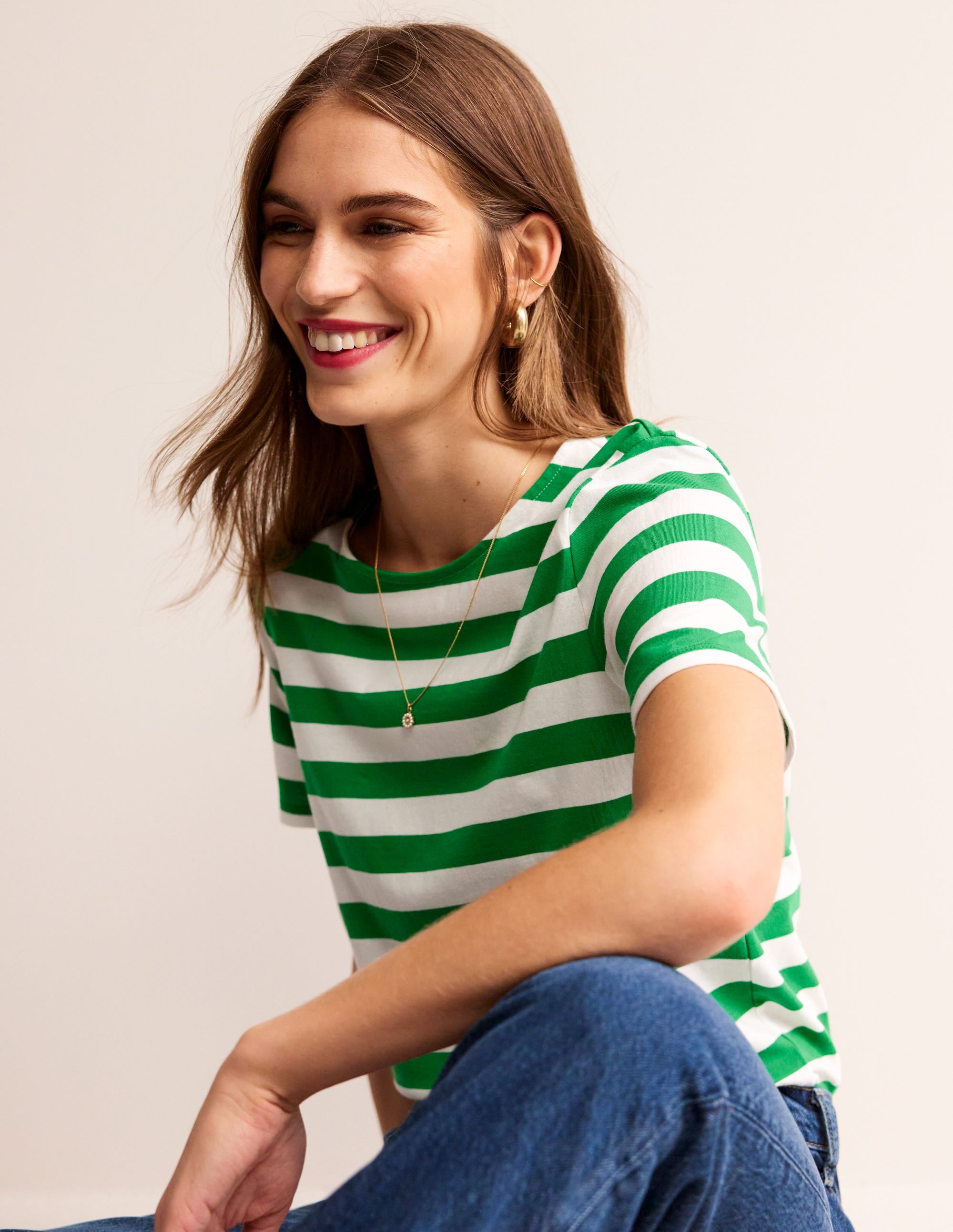 Bea Short Sleeve Breton-Ivory, Green Stripe - Image 2