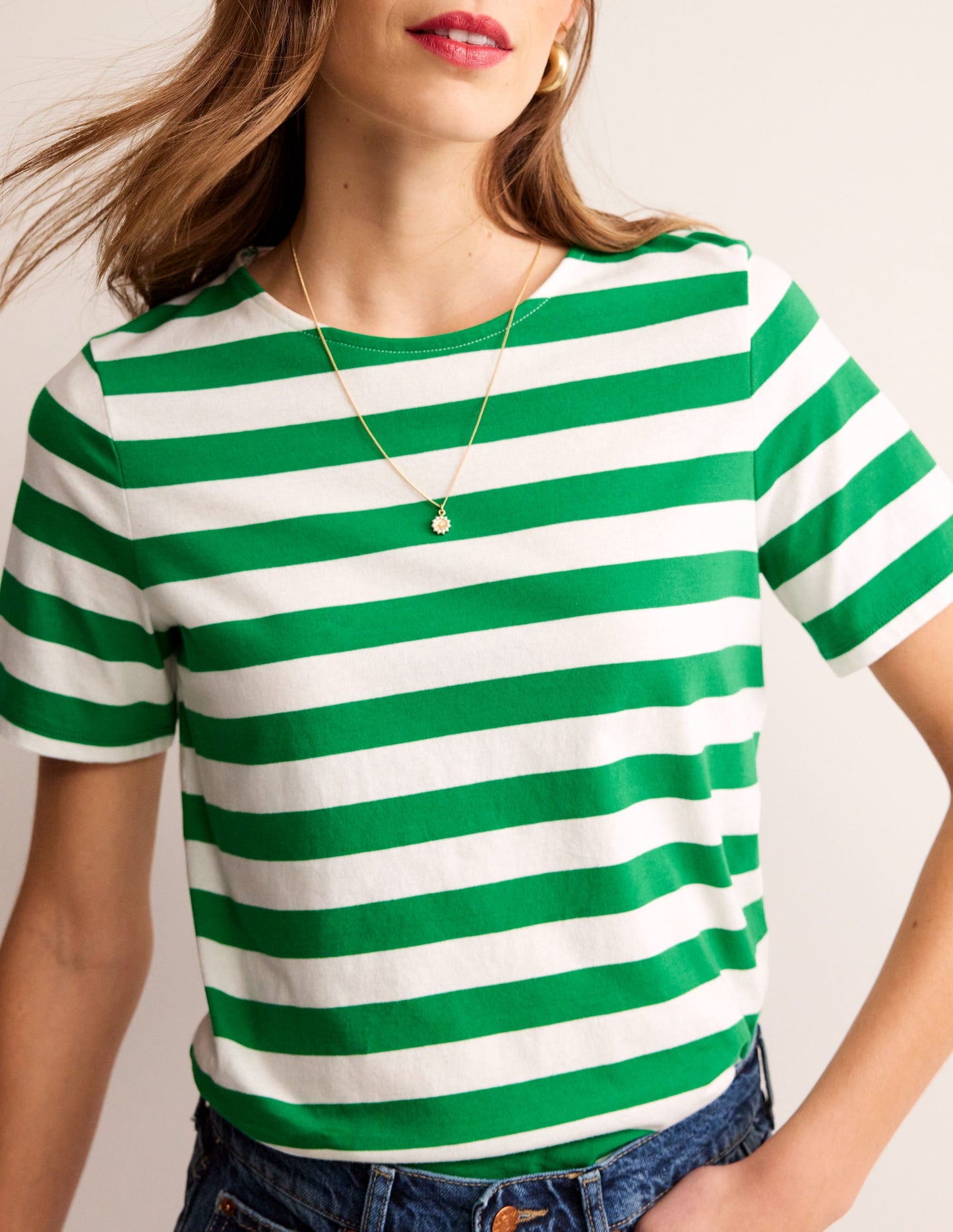 Bea Short Sleeve Breton-Ivory, Green Stripe