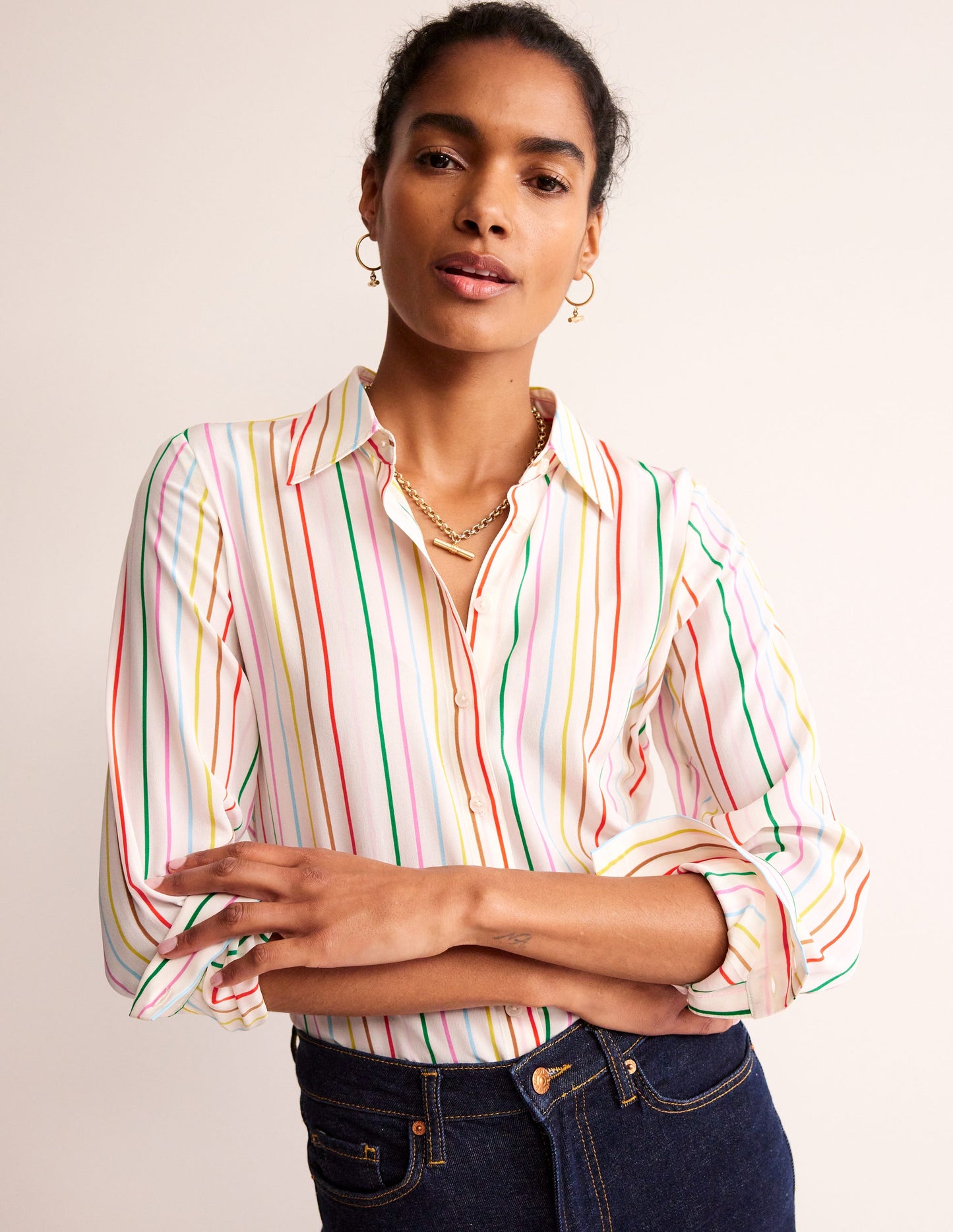 Sienna Silk Shirt-Ivory, Multi Stripe