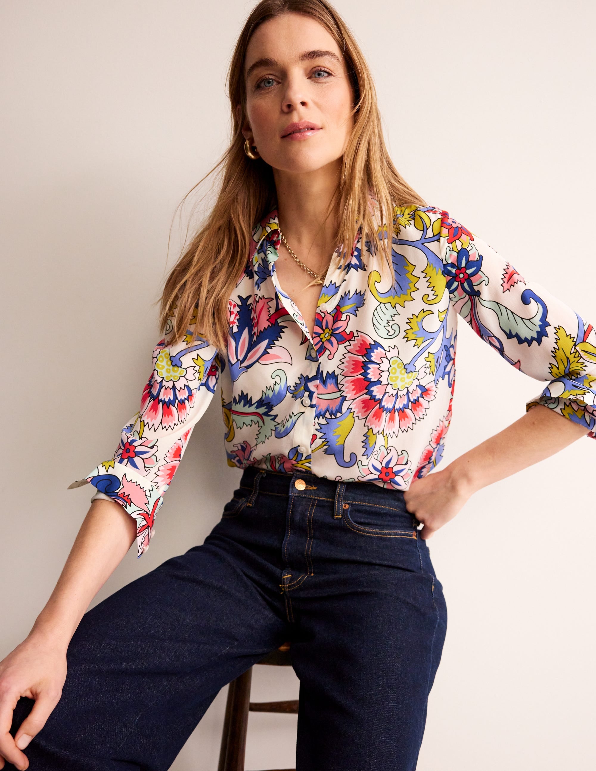 Sienna Silk Shirt-Ivory, Botanical Bunch - Image 1