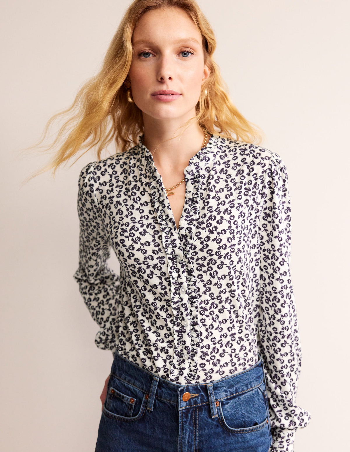 Caroline Jersey Shirt-Ivory, Ditsy Bud - Image 1