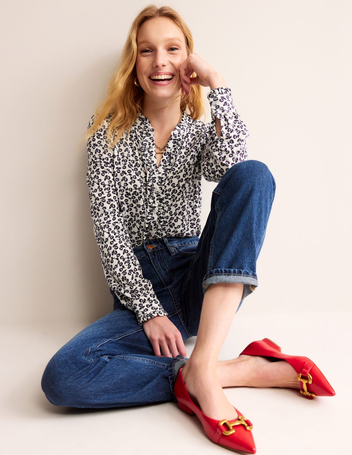 Caroline Jersey Shirt-Ivory, Ditsy Bud