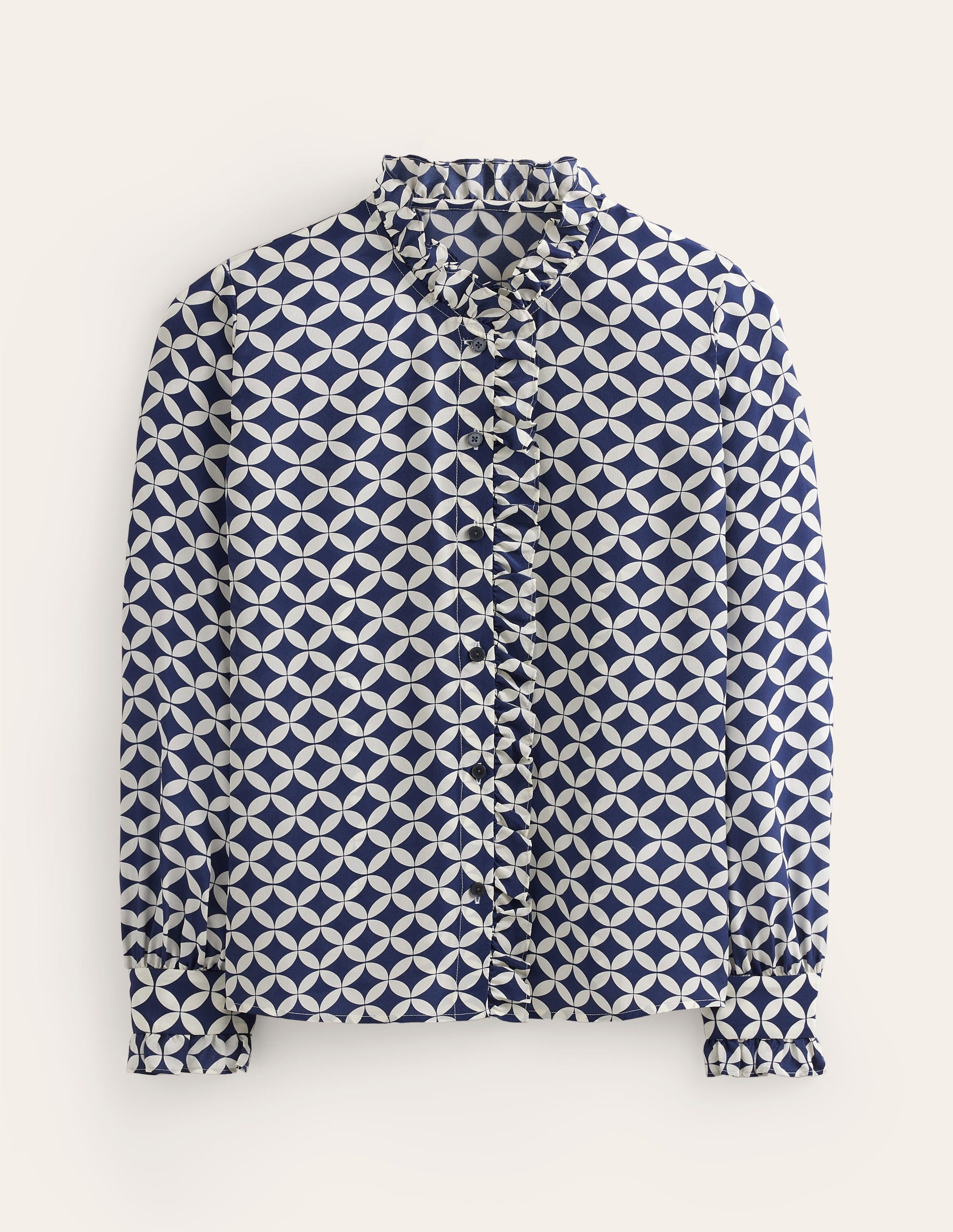 Ruffle Neck Silk Blouse-Navy, Diamond Terrace-8
