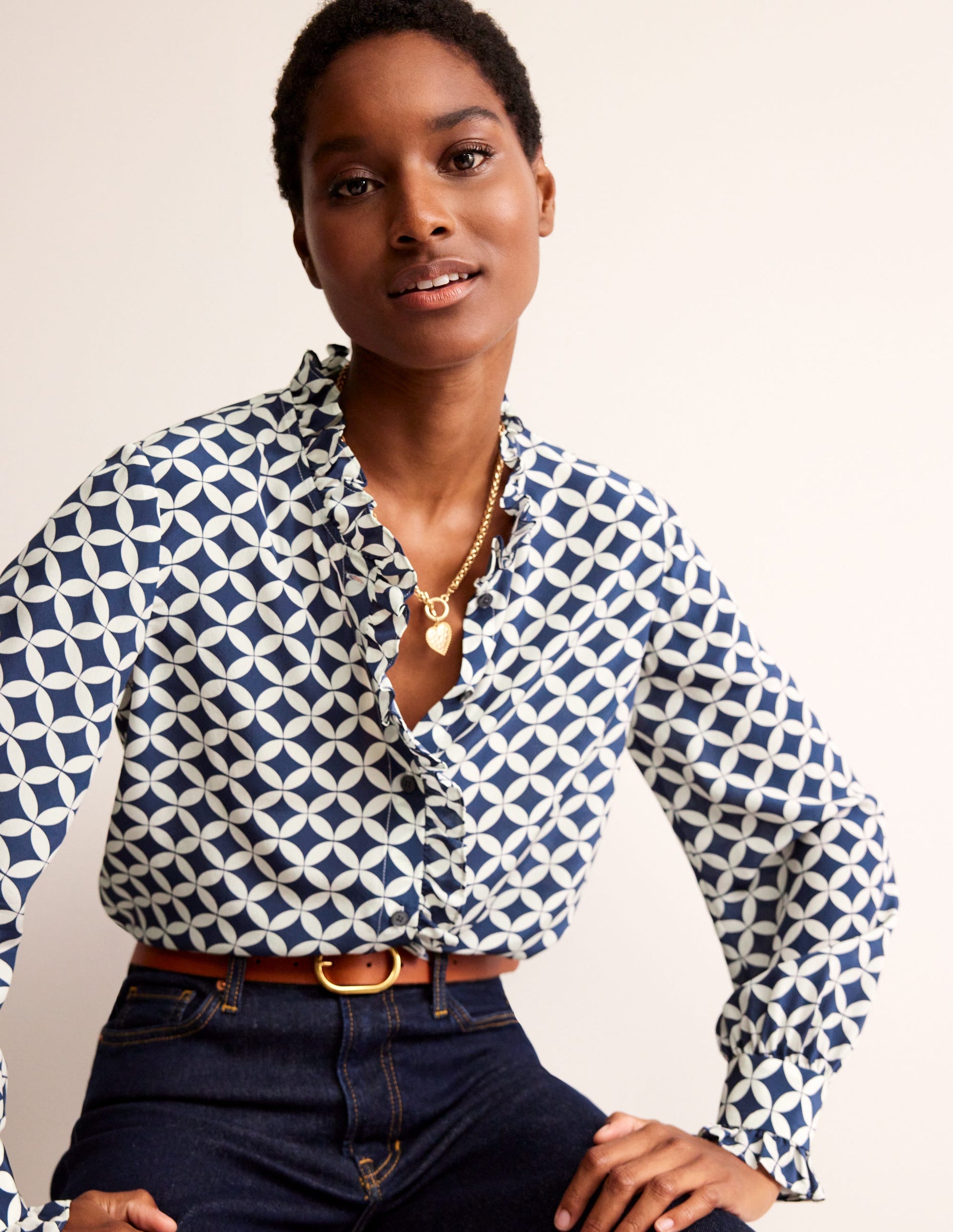 Ruffle Neck Silk Blouse-Navy, Diamond Terrace-1