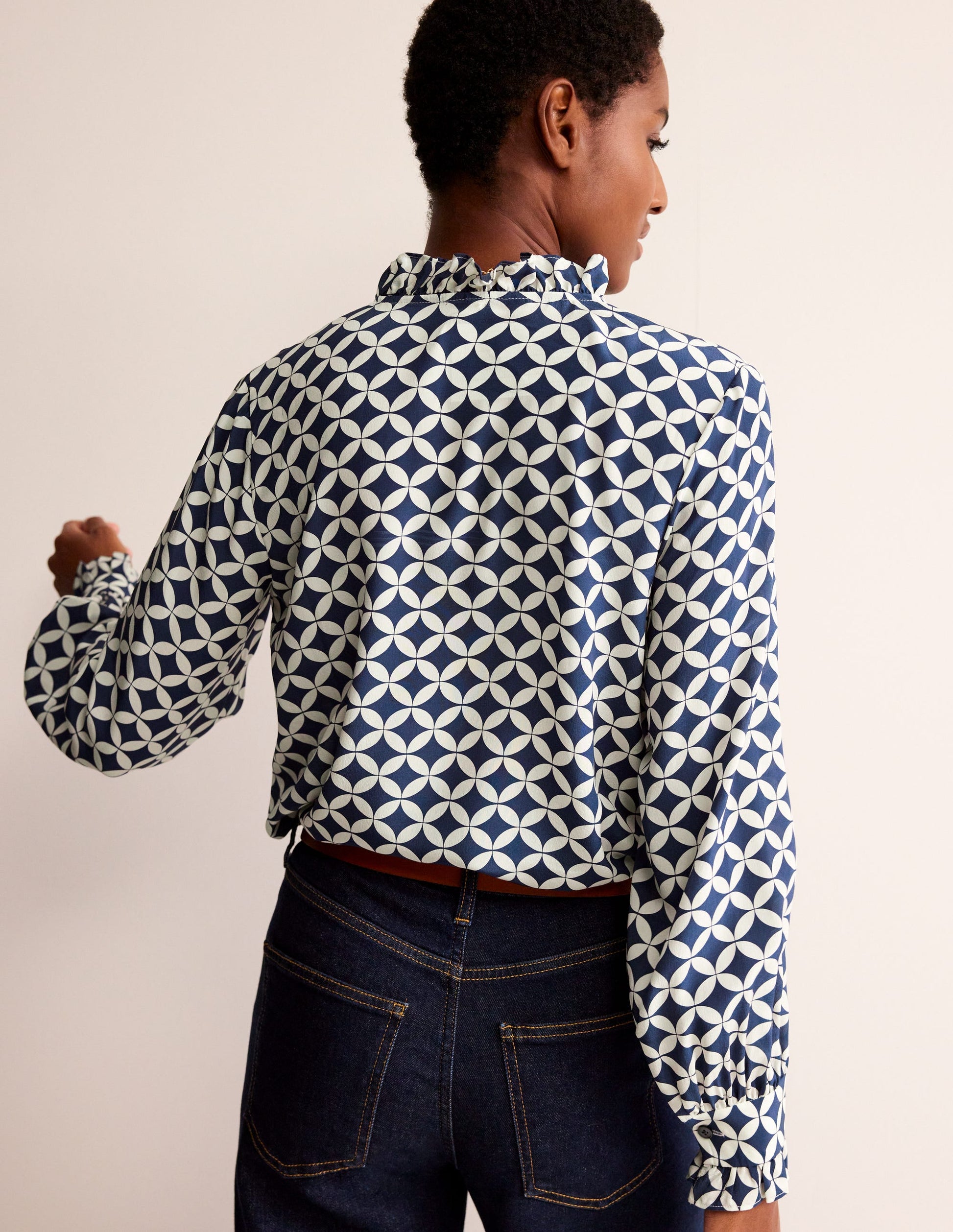 Ruffle Neck Silk Blouse-Navy, Diamond Terrace-3