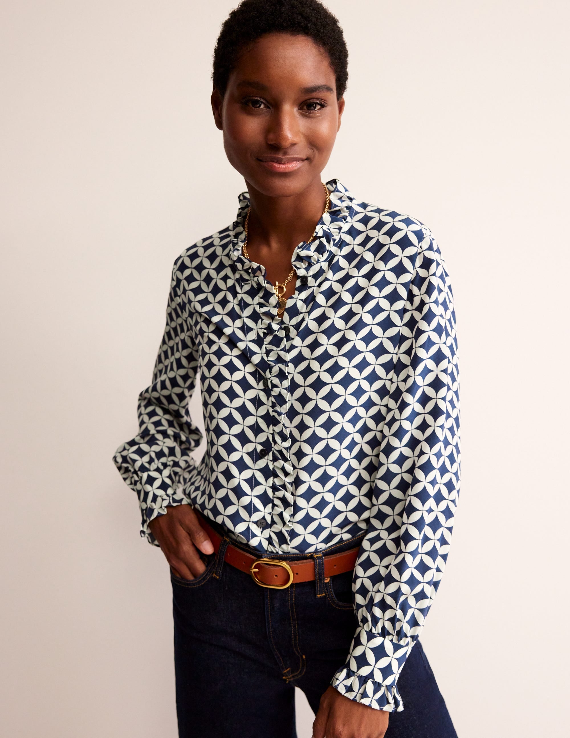 Ruffle Neck Silk Blouse-Navy, Diamond Terrace - Image 4