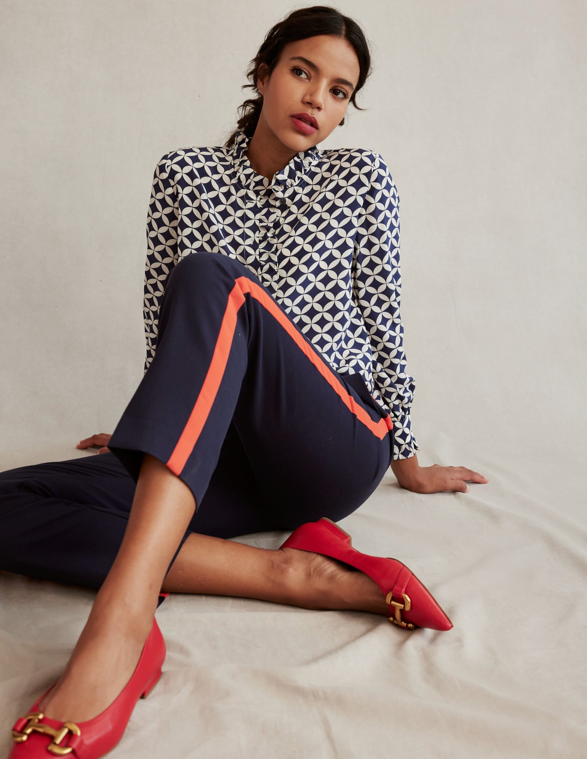 Ruffle Neck Silk Blouse-Navy, Diamond Terrace - Image 5