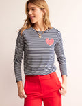 Heart Stripe Crew Neck Top-Navy, Ivory