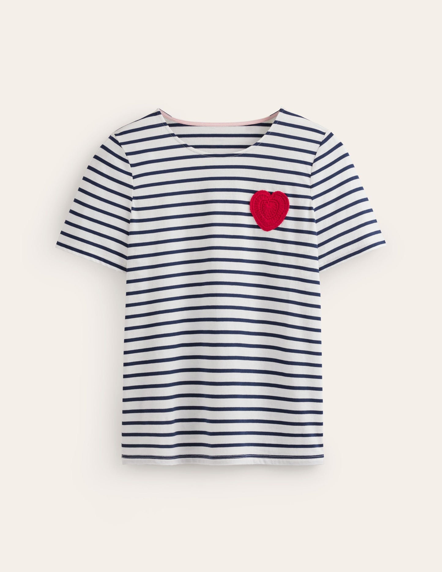 Crochet T-shirt-Ivory, Navy Heart