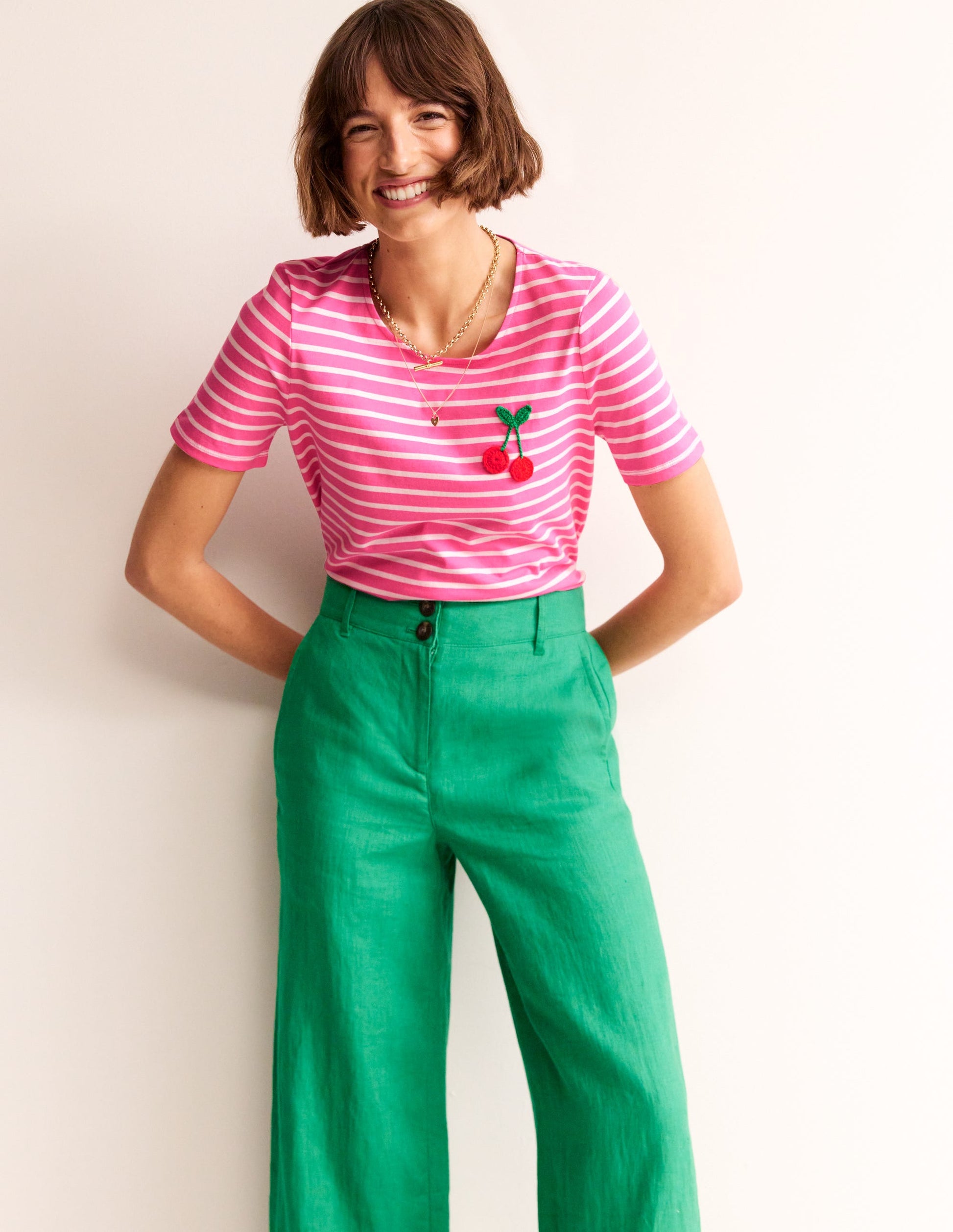 Crochet T-shirt-Pink, Ivory Cherries-4