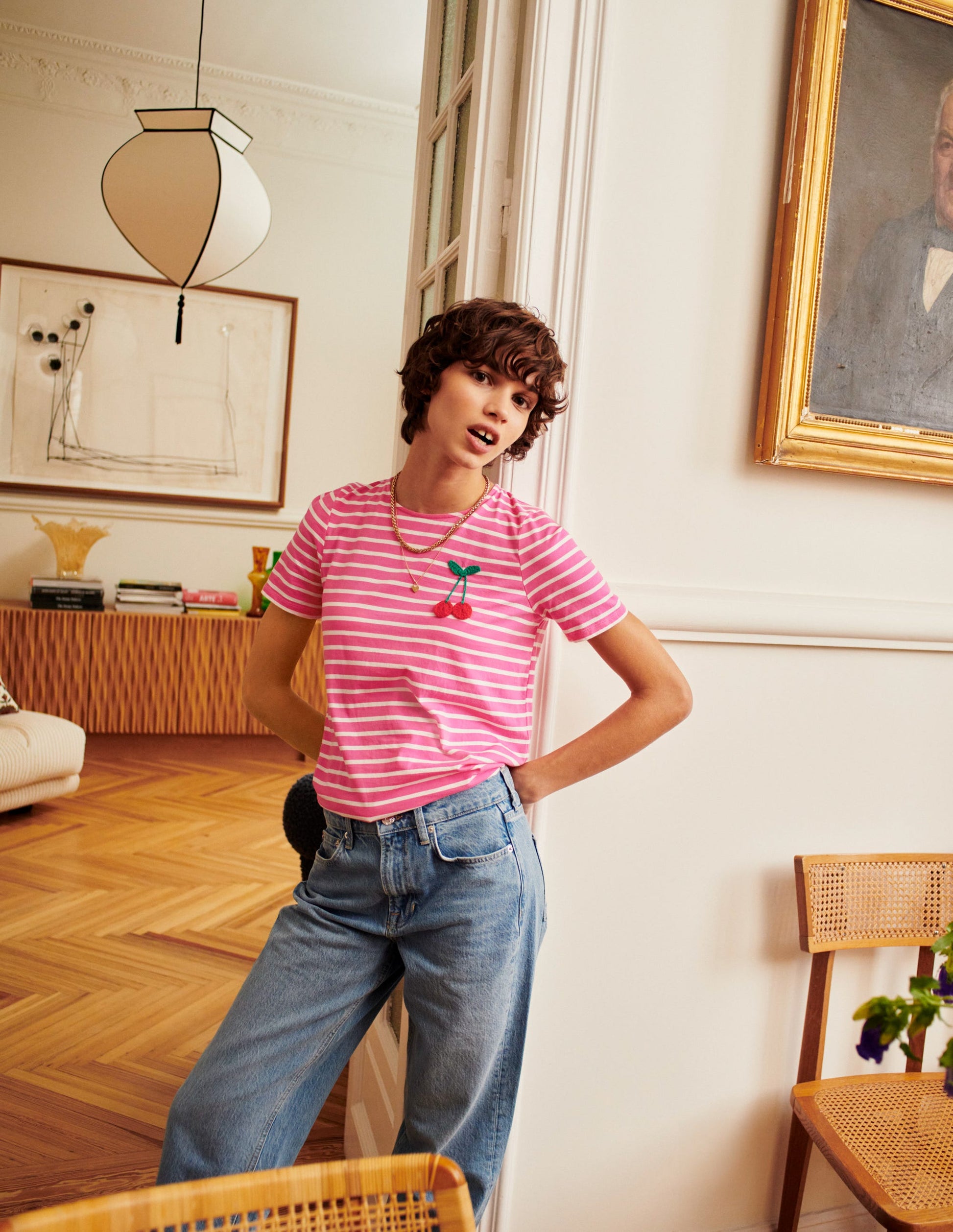 Crochet T-shirt-Pink, Ivory Cherries-5