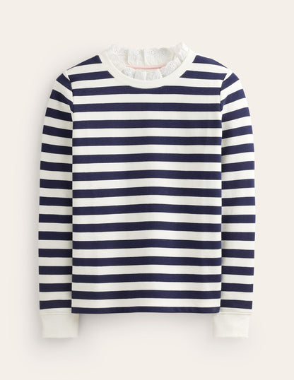 Broderie Trim Sweatshirt-Oatmeal, Navy Stripe-5