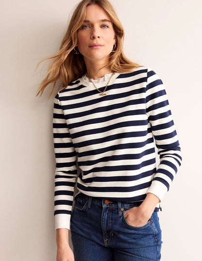 Broderie Trim Sweatshirt-Oatmeal, Navy Stripe-1