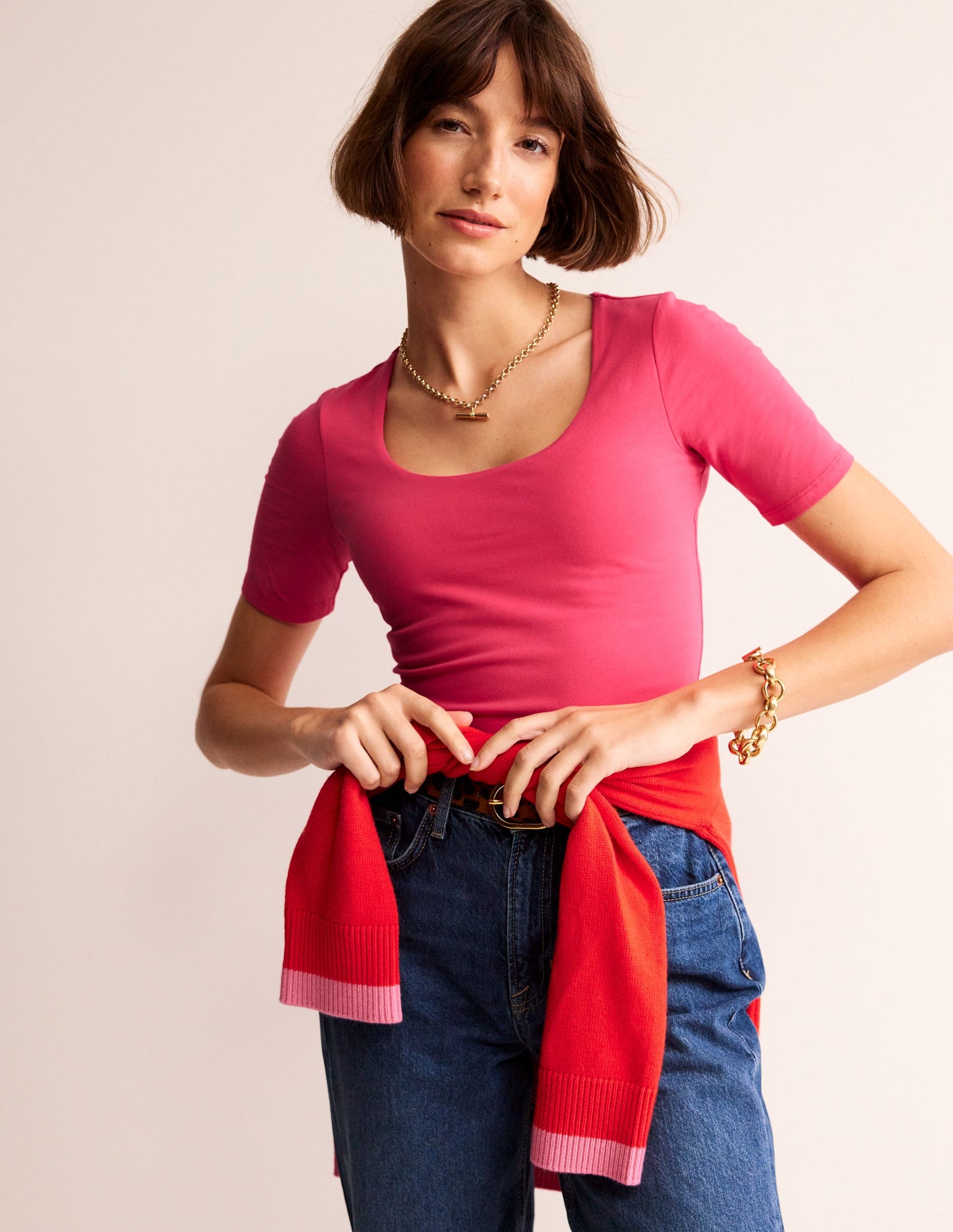 Double Layer Scoop T-shirt-Rethink Pink