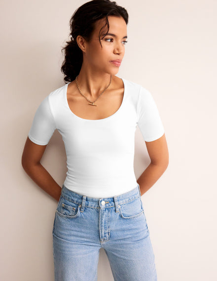 Double Layer Scoop T-shirt-White