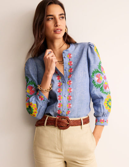 Ava Embroidered Top-Chambray-4