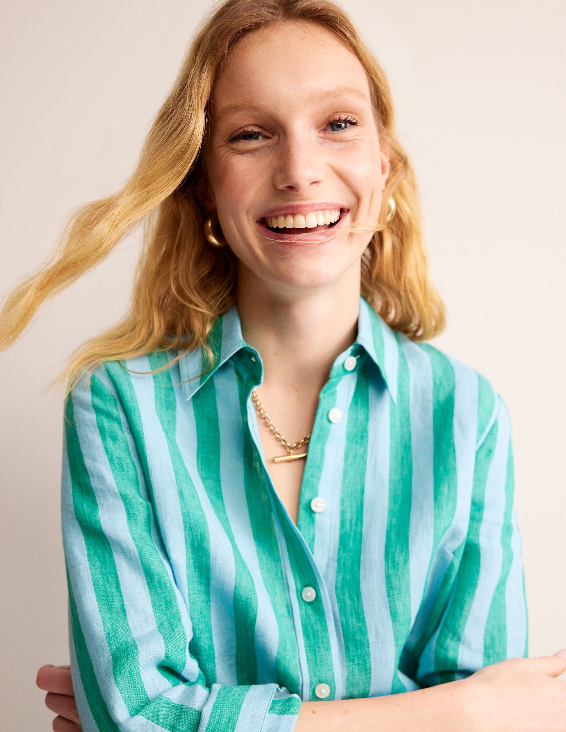 Sienna Linen Shirt-Green, Blue Stripe-1