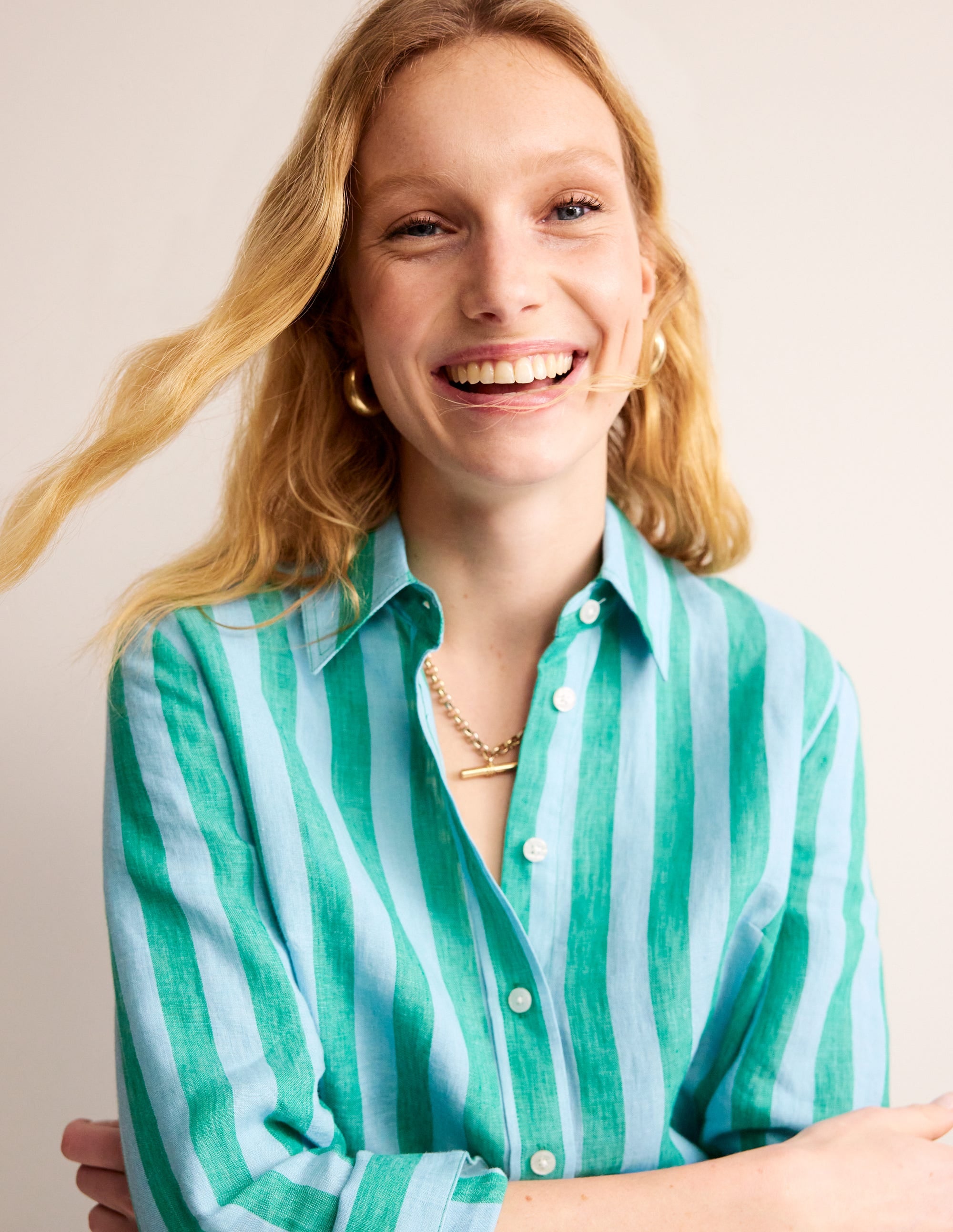 Sienna Linen Shirt-Green, Blue Stripe - Image 1