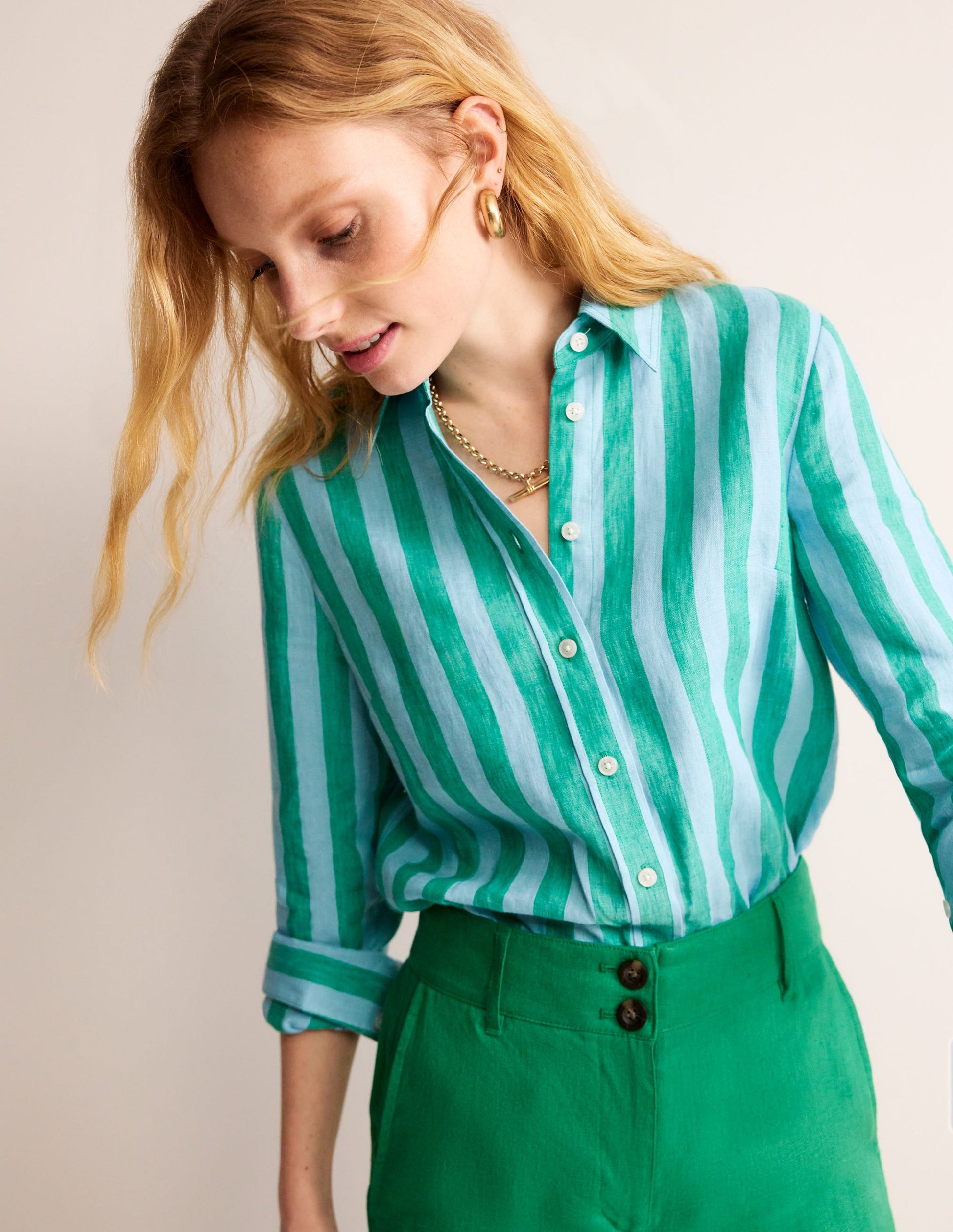 Sienna Linen Shirt-Green, Blue Stripe-2