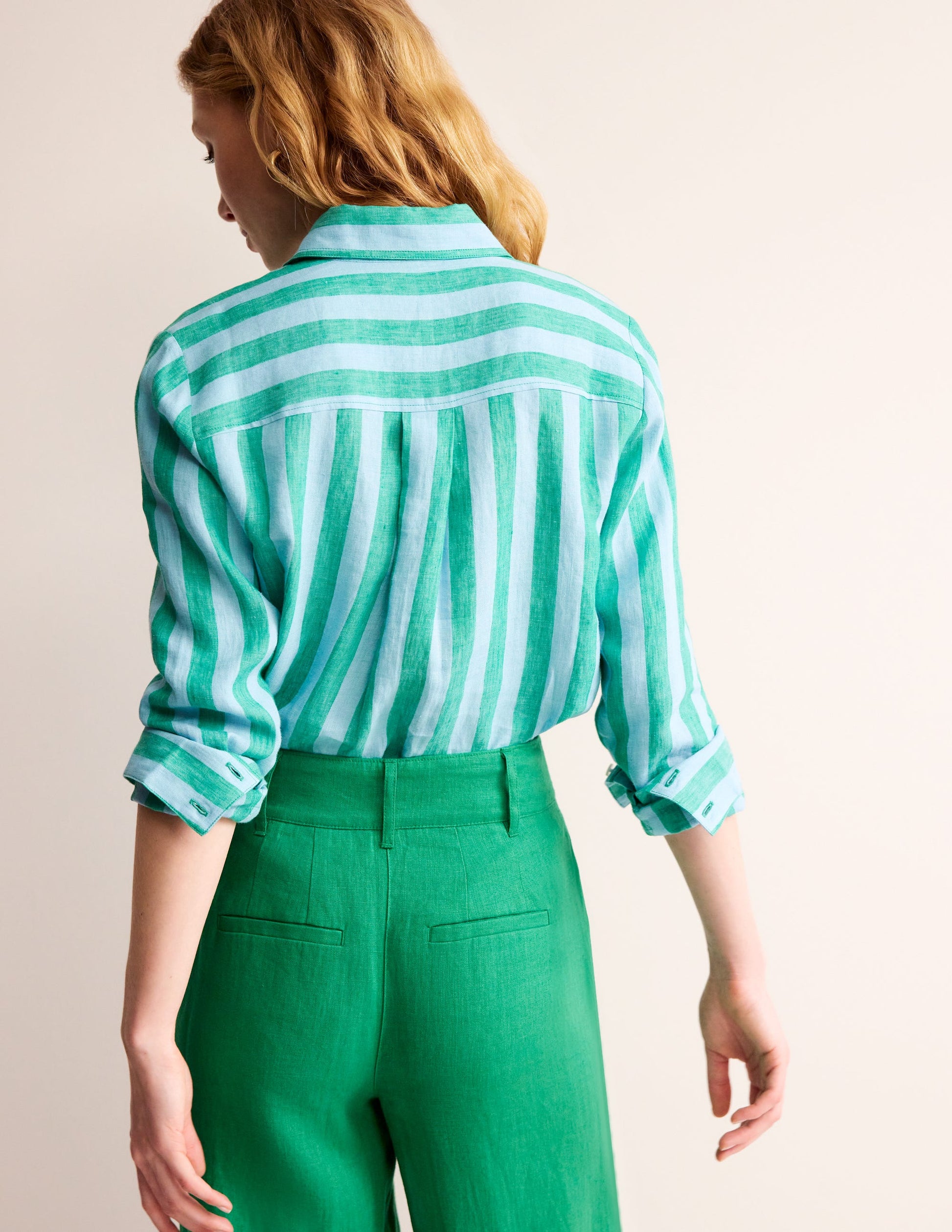 Sienna Linen Shirt-Green, Blue Stripe-3