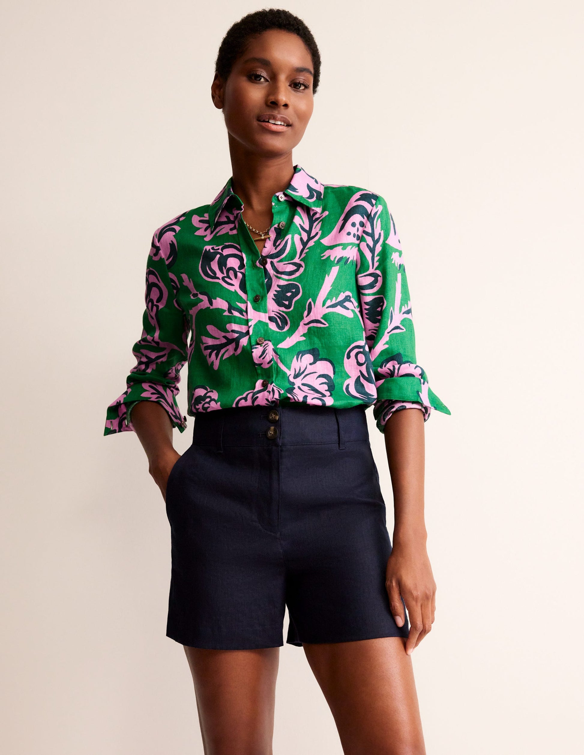 Sienna Linen Shirt-Green Tambourine, Rose Blush-4