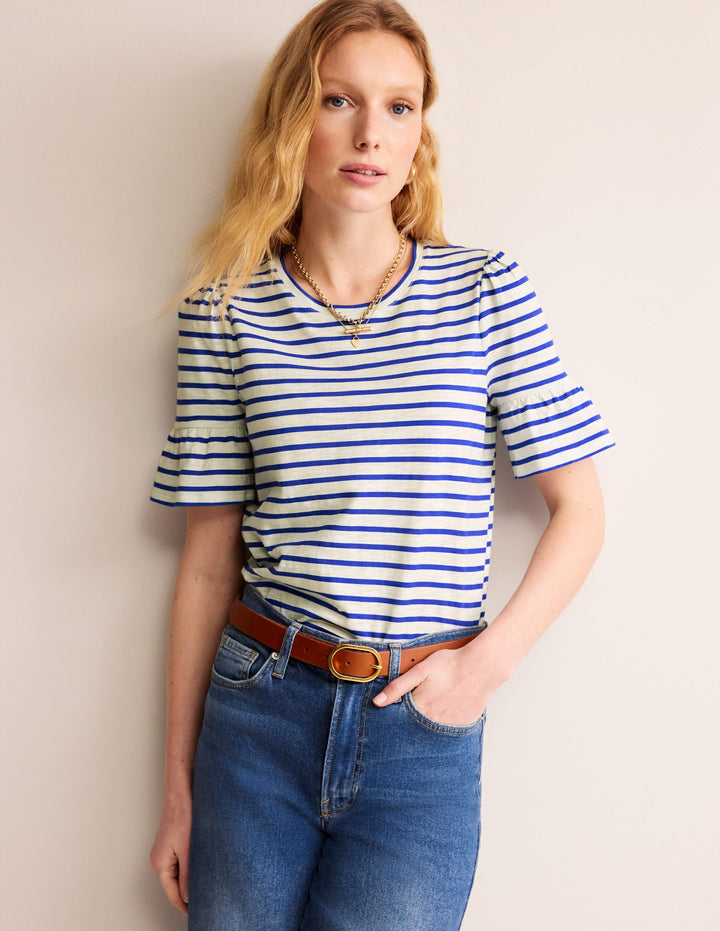 Crew Neck Frill Cuff T-shirt-Ivory, Surf the Web