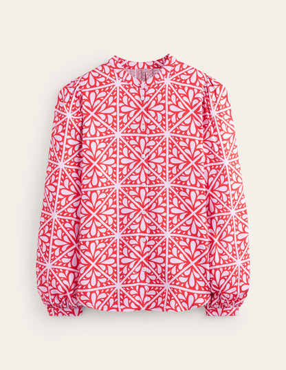 Blouson Sleeve Blouse-Flame Scarlet, Floral Mosaic