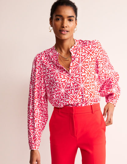 Blouson Sleeve Blouse-Flame Scarlet, Floral Mosaic