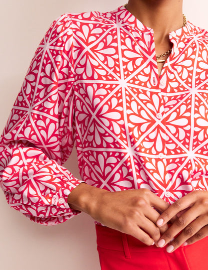 Blouson Sleeve Blouse-Flame Scarlet, Floral Mosaic