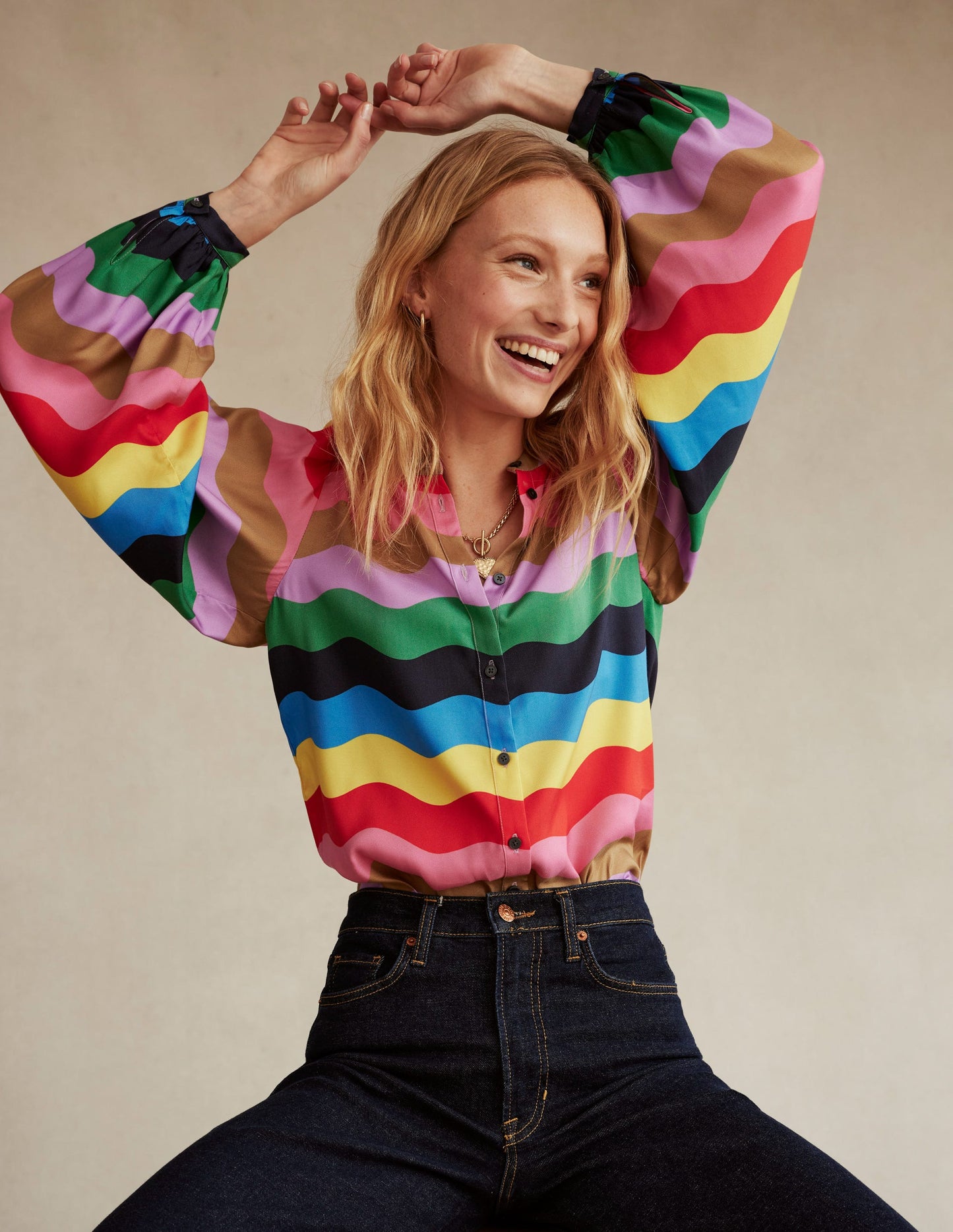 Blouson Sleeve Blouse-Multi, Rainbow Wave