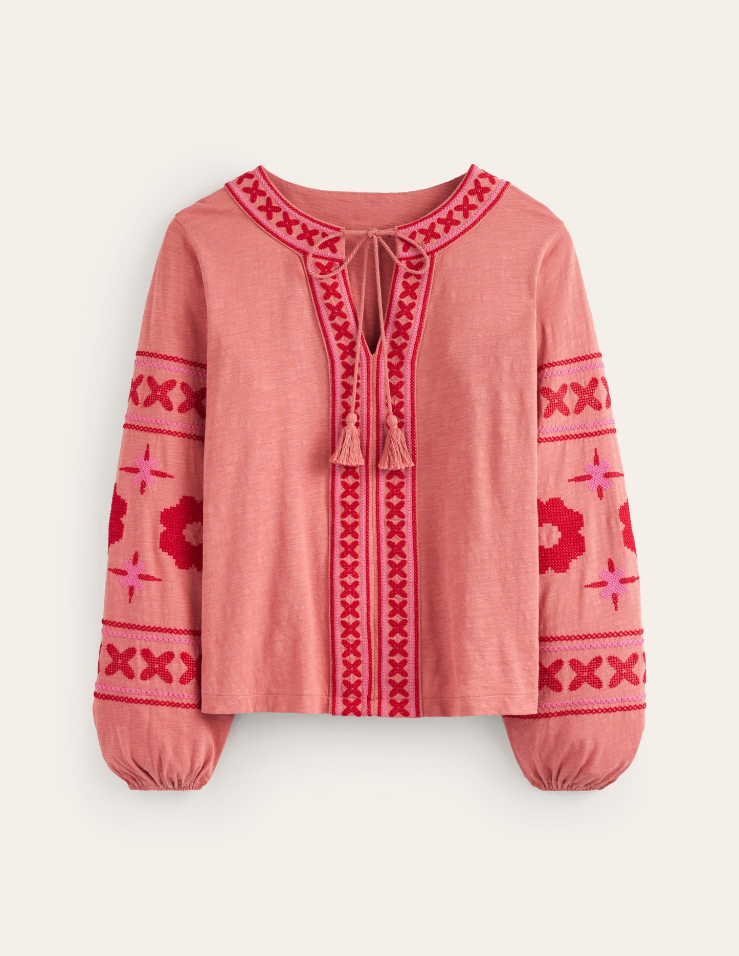 Diana Embroidered Tie Neck Top-Brick Dust