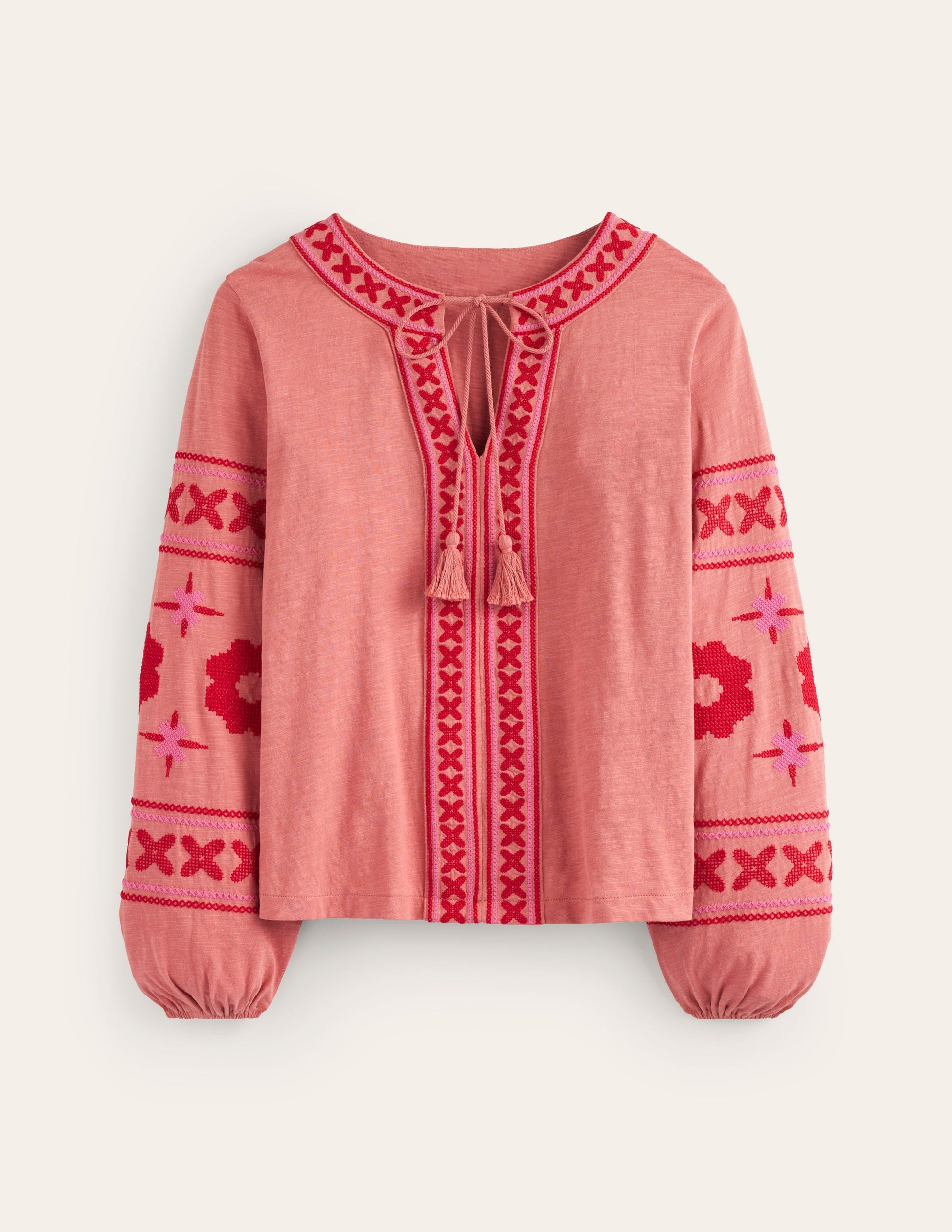 Diana Embroidered Tie Neck Top-Brick Dust-5