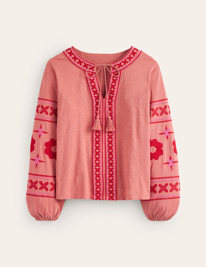 Diana Embroidered Tie Neck Top-Brick Dust-5