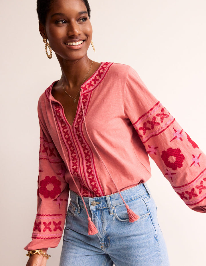 Diana Embroidered Tie Neck Top-Brick Dust