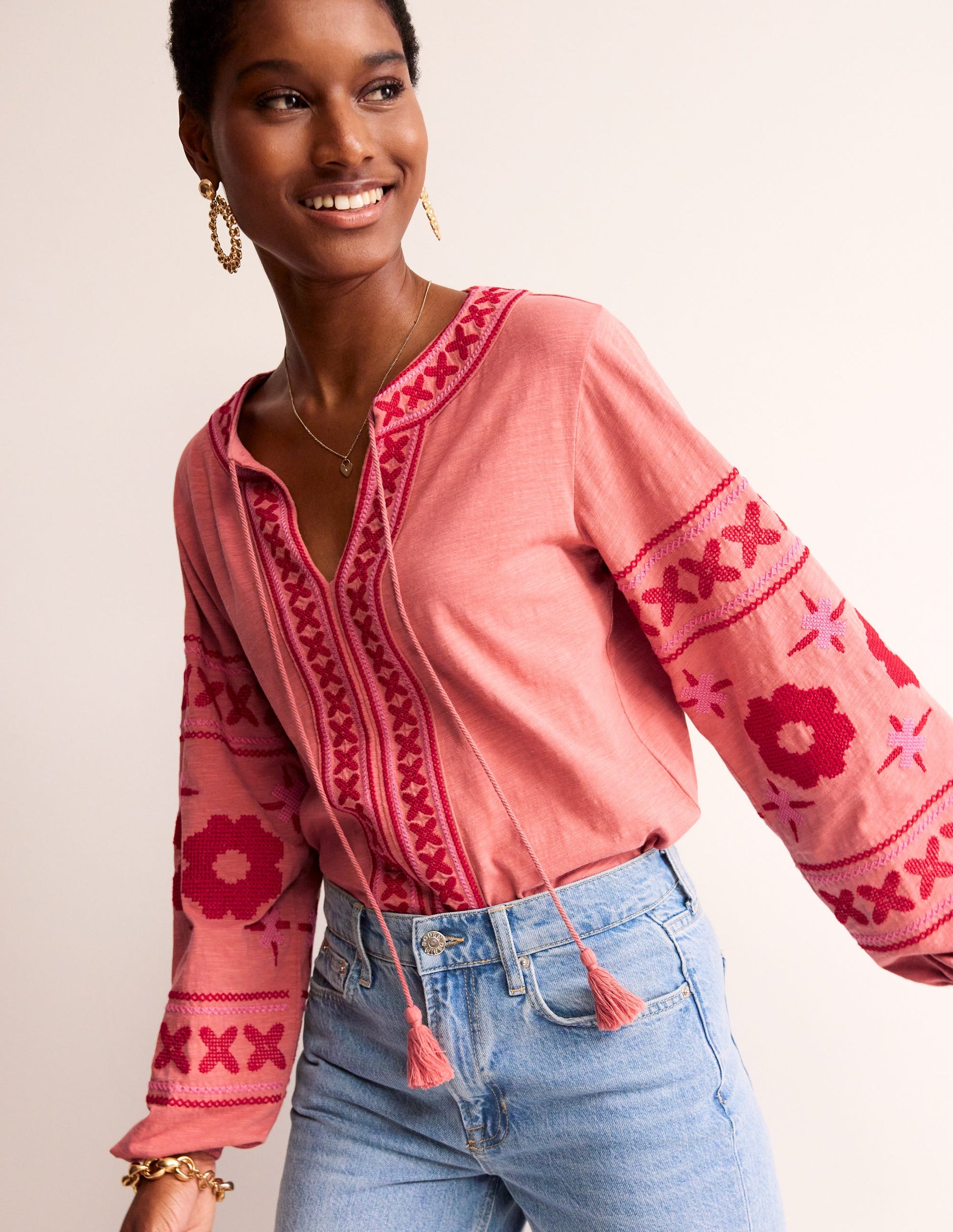 Diana Embroidered Tie Neck Top-Brick Dust-1