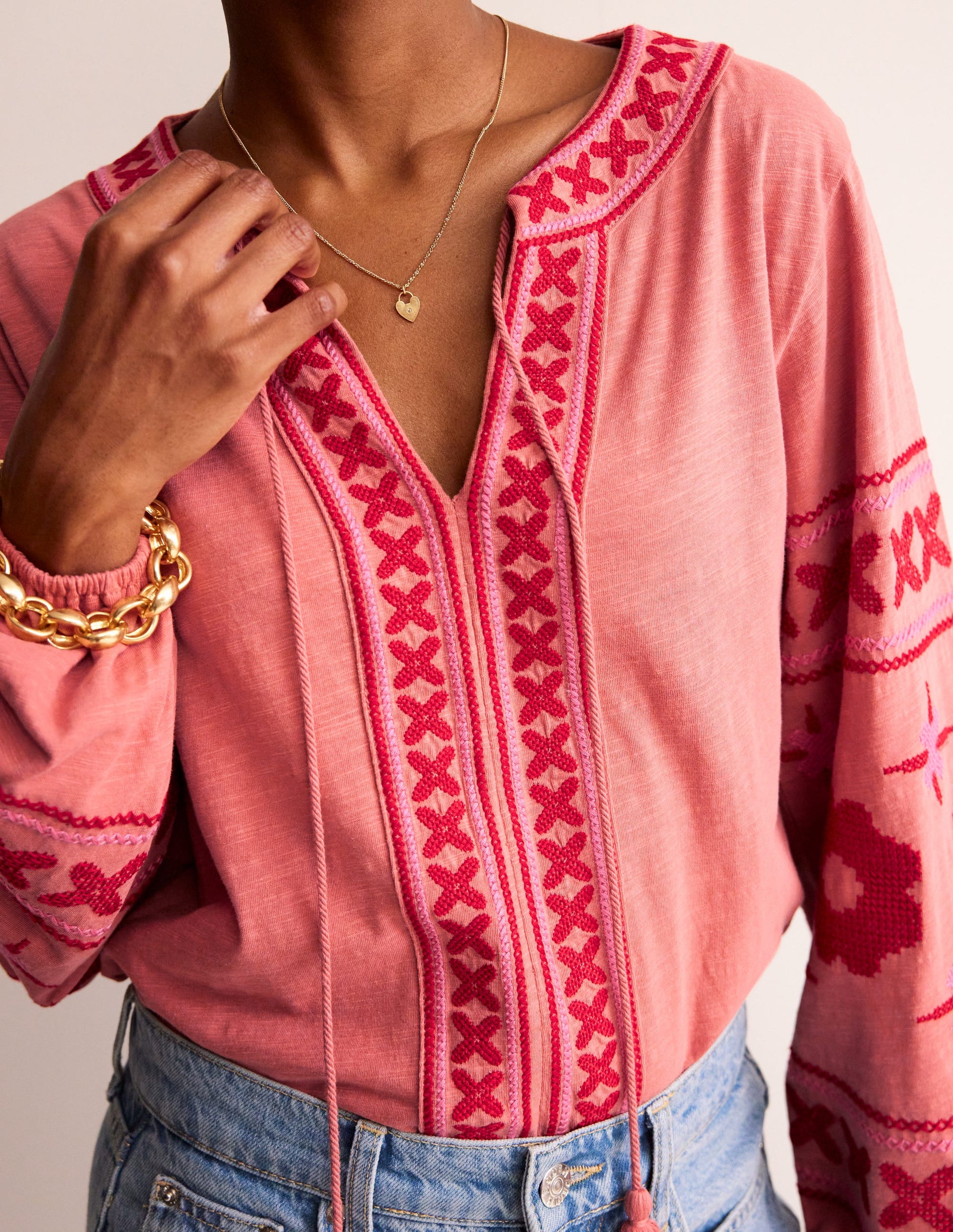 Diana Embroidered Tie Neck Top-Brick Dust-2