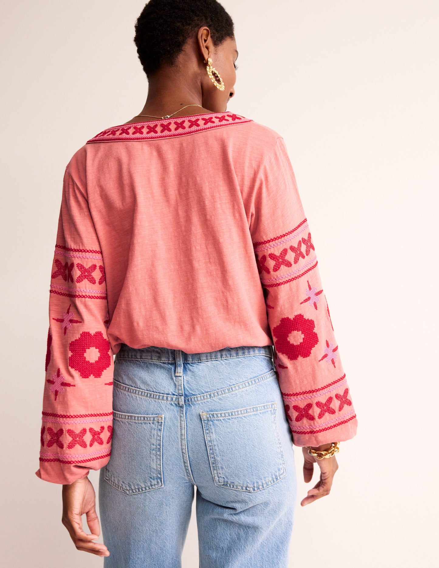 Diana Embroidered Tie Neck Top-Brick Dust