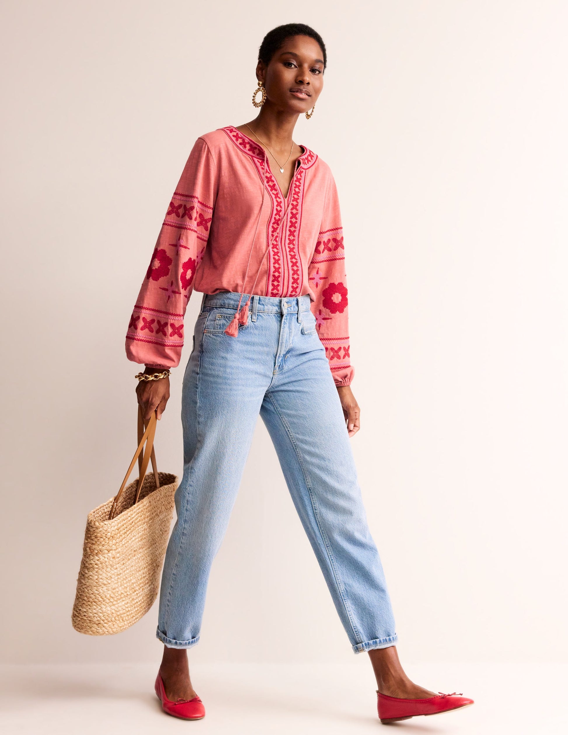 Diana Embroidered Tie Neck Top-Brick Dust-4