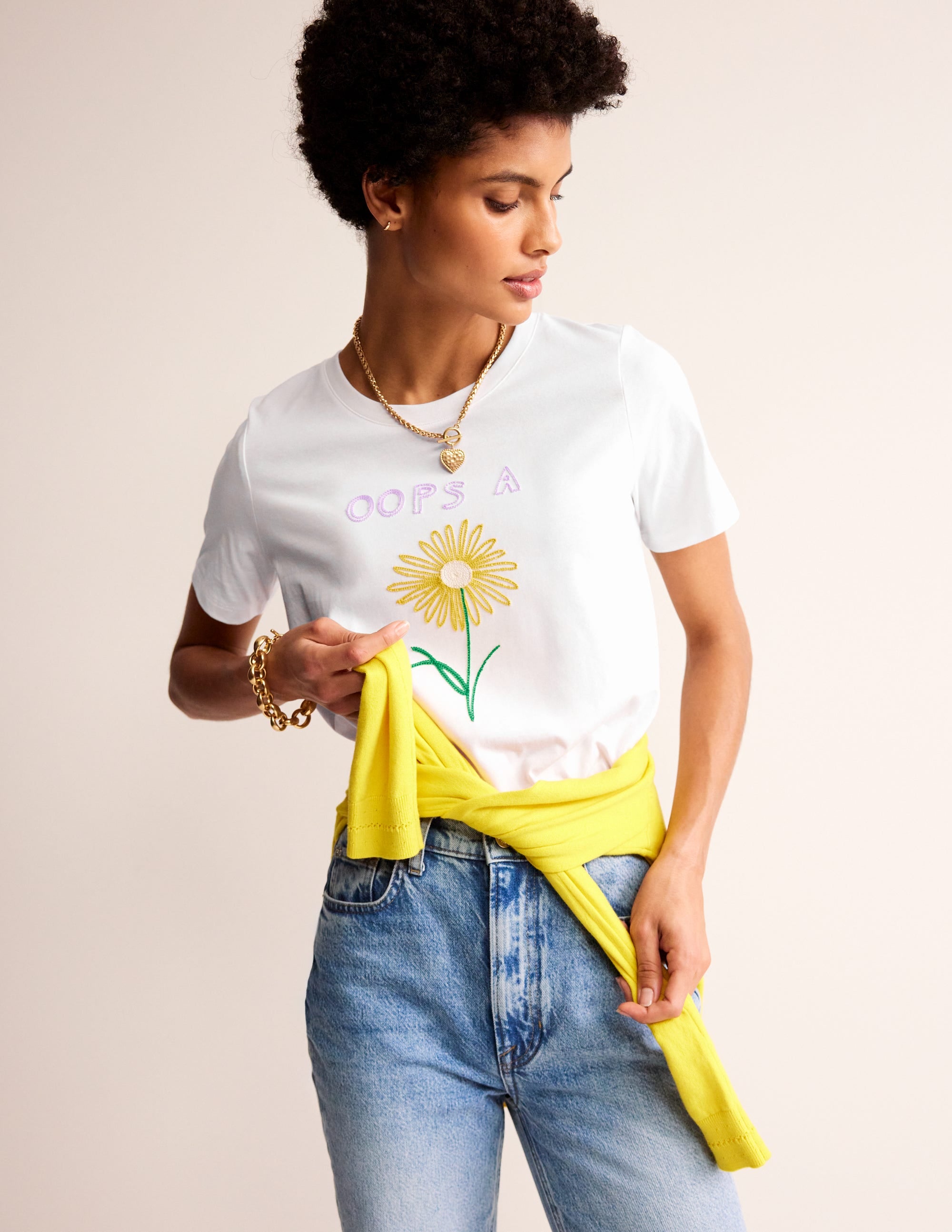 Rosa Embroidered T-Shirt-White, Oops A Daisy - Image 1
