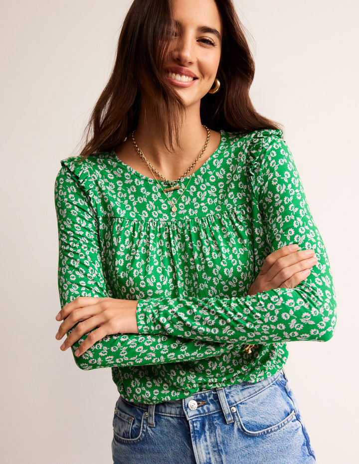 Frill Detail Long Sleeve Top-Green Tambourine, Ditsy Bud