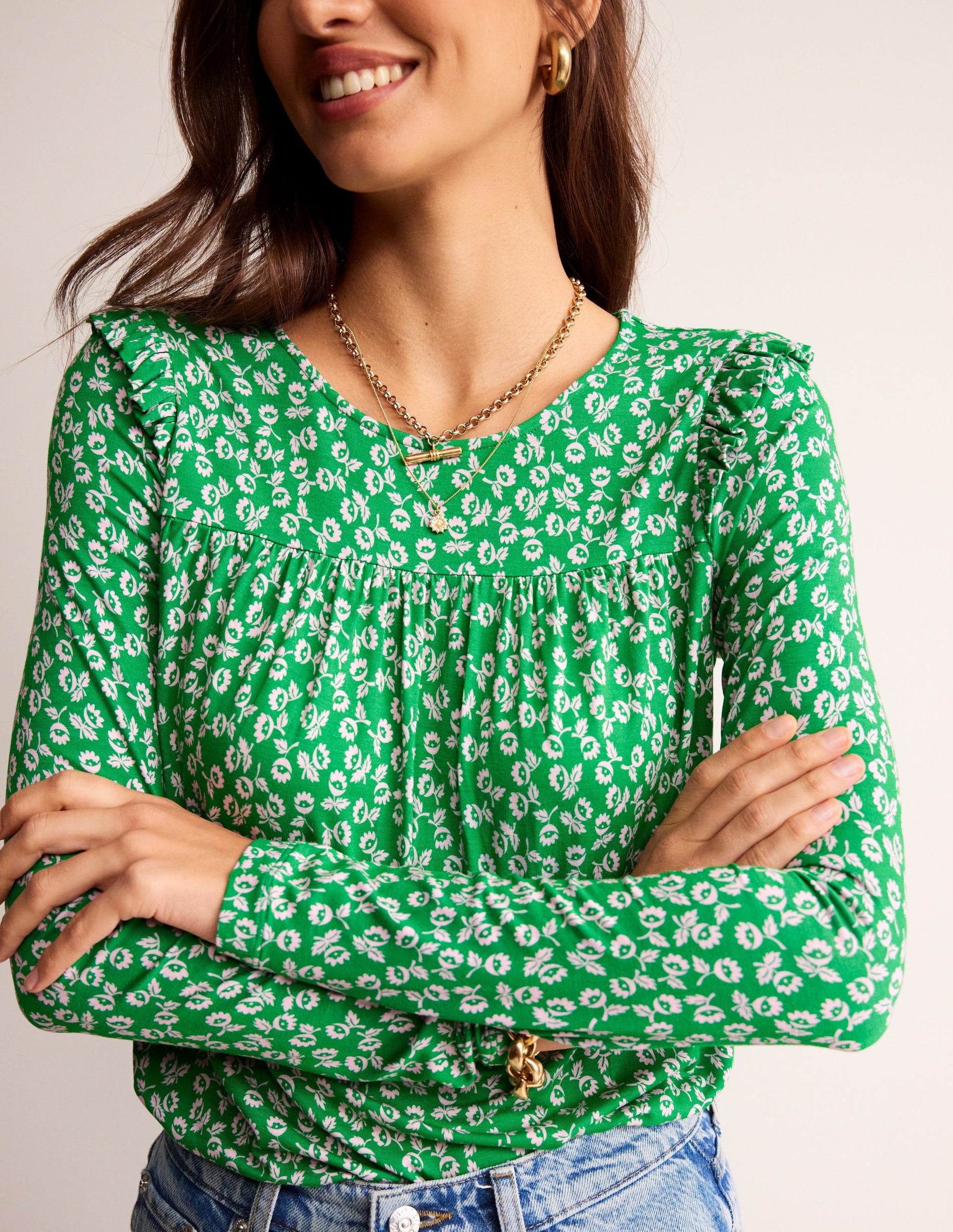 Frill Detail Long Sleeve Top-Green Tambourine, Ditsy Bud-2