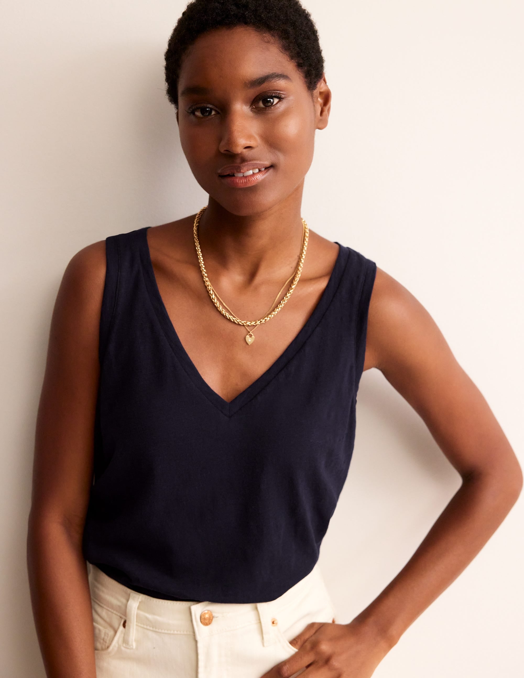 Regular V-Neck Slub Vest-Navy - Image 1