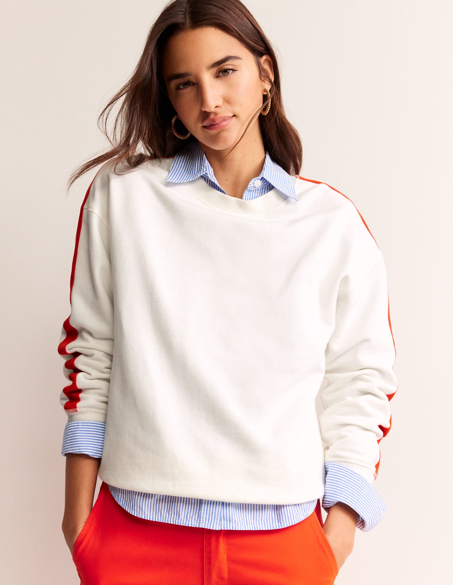 Drop Shoulder Sweatshirt-Ivory Red Stripe