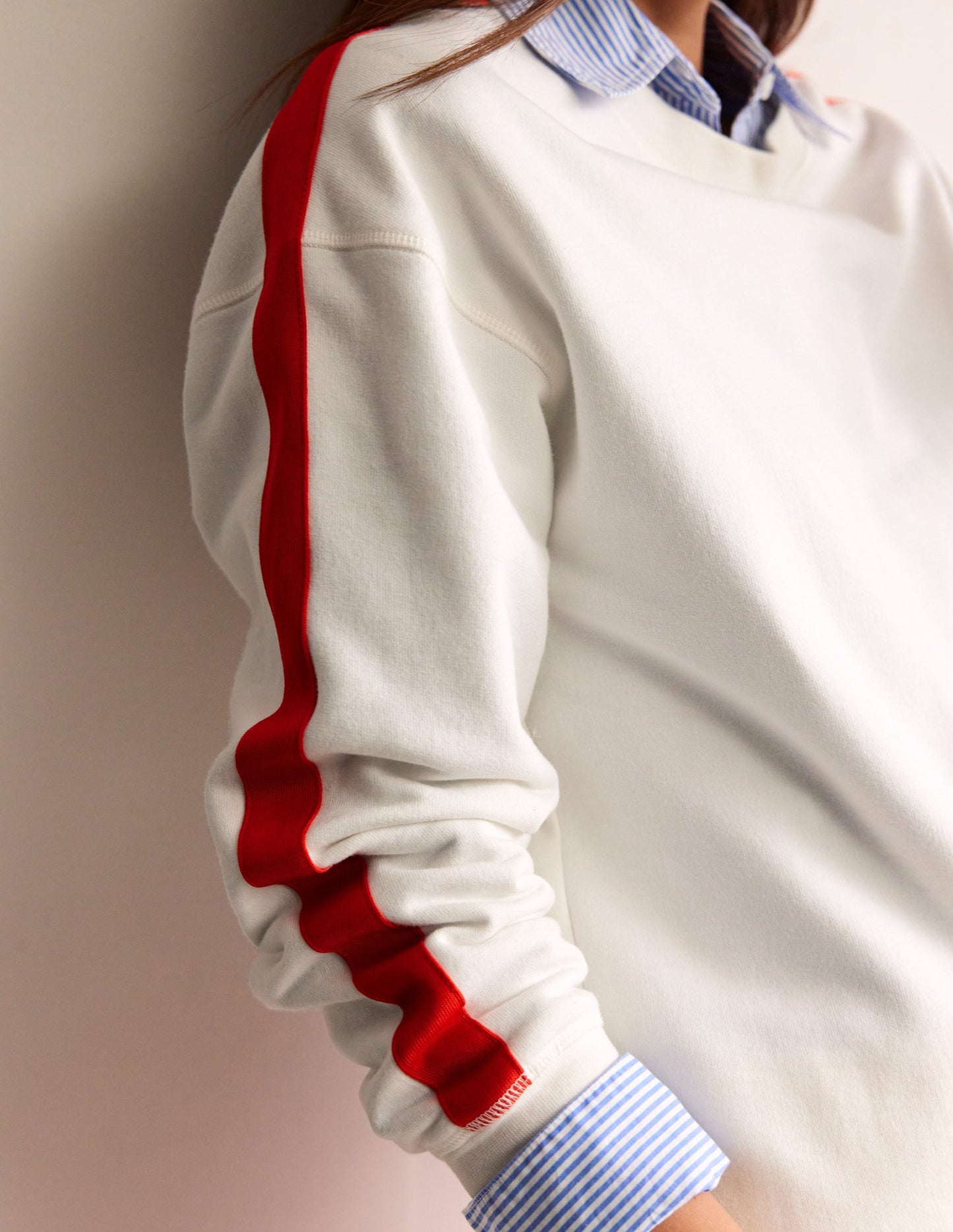 Drop Shoulder Sweatshirt-Ivory Red Stripe