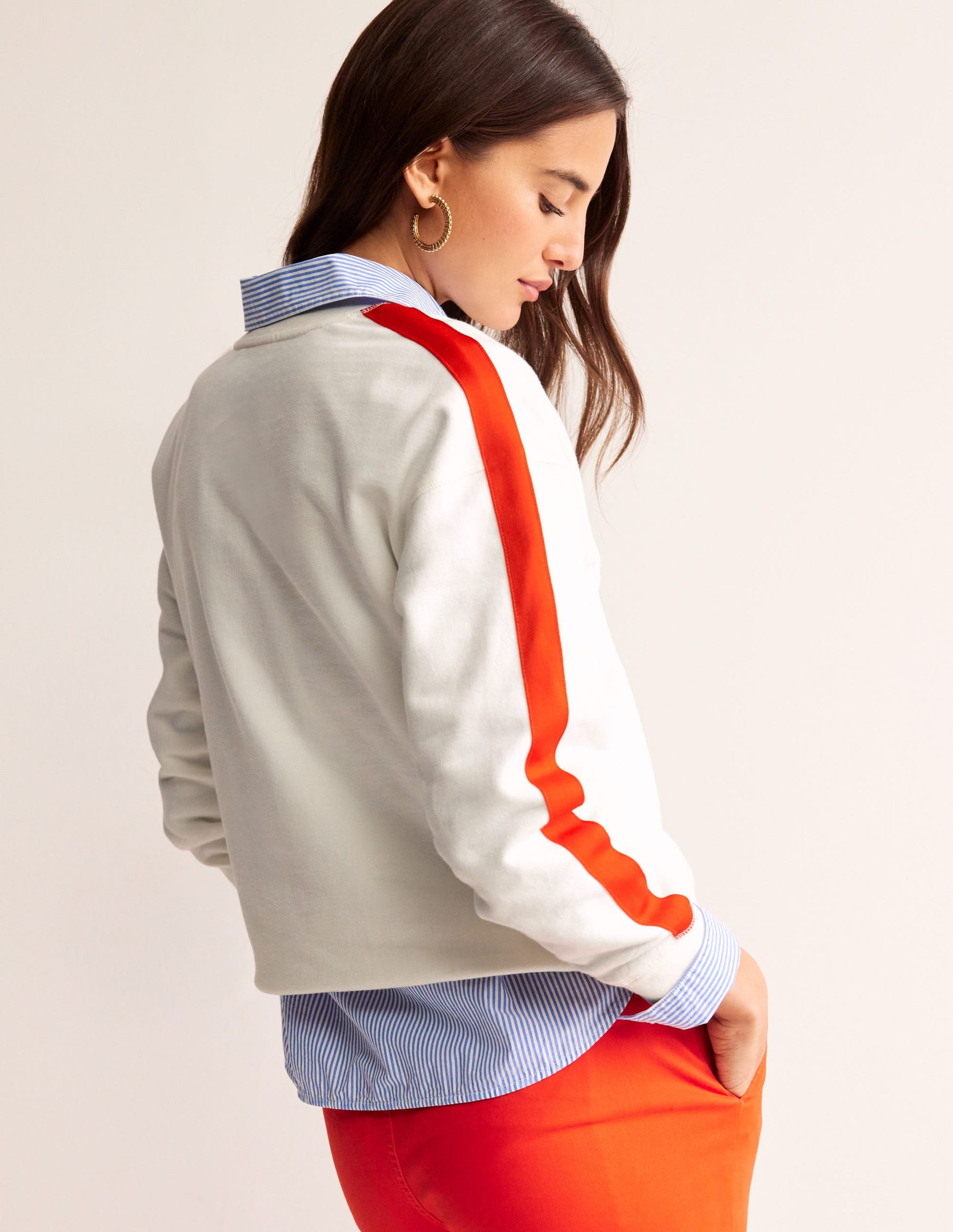 Drop Shoulder Sweatshirt-Ivory Red Stripe-3
