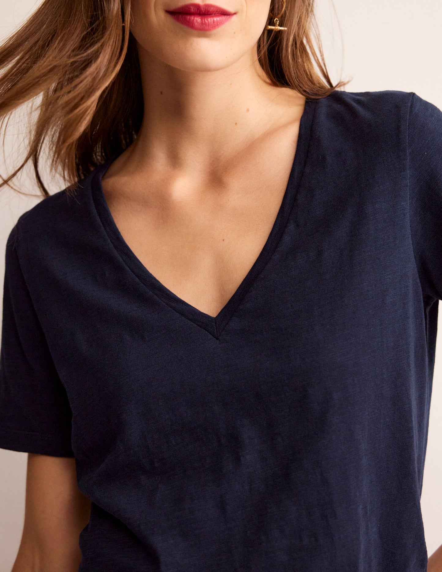 Regular V-Neck Slub T-shirt-Navy